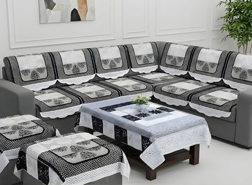 Image of Fab Nation Sofa Cover L Shape 5 Seater with Corner L Type Fully Covered Sofa Set for Living Room | Cotton Sofa Slipcovers for 3 + 2 Seaters Cover + 2 Setty Covers + 1 Table Cover Set | Black