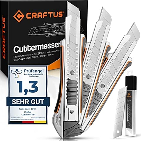 CRAFTUS® Profi Cuttermesser Set [3 Stück] aus Aluminium für Maximale Lebensdauer I Robuste Teppichmesser inkl. 10 SK5 Carbonstahl Abbrechklingen 18mm I Cuttermesser Profi für Heimwerker & Gewerbe Cover