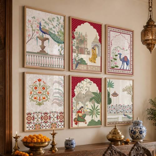 Image of kotart Pichwai Art Painting for Wall Decoration|Framed Wall Painting for Home Room Bedroom Office Wall Decor|Traditional Indian Wall Art Madhubani Paintings for Living Room|set of 6 (B, 10x13 inch)
