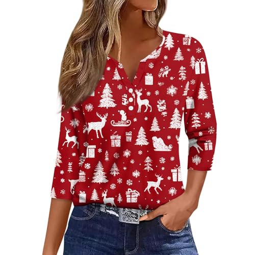 Image of Women Christmas Shirt 3 /4 Length Sleeve Henley Tops Xmas Outfits