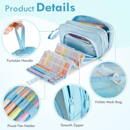 Image of Large Capacity Pencil Case with Pull-out Structure - Multifunctional Extra Big Pencil Pouch Pen bag, Portable Stationery Organizer with Zipper, Office School Supplies for Teen Boys Girls, Blue
