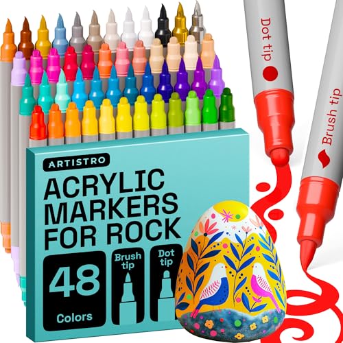 ARTISTRO Acrylic Paint Pens, Dual Tip Markers for Fabric, Canvas, Rock, Glass, Wood, Paper, DIY (Dot + Brush, 48 Colours)