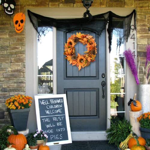 Martine Mall Artificial Maples Leaf Wreath Harvest Wreaths For Front Door Artificial Autumn Wreath With Pine Cones Sunflowers Pumpkins Wheat Ears Fall Wreath For Thanksgiving Autumn Home Decor #TOP1
