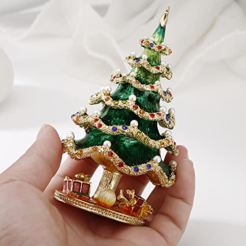 Hand Painted Christmas Tree Enamel Trinket Box, Hinged Jewelry Organizer Mini Ring Earrings Storage, Home Decor Figurine Keepsake Collectible, Personalized Elegant Handmade Ornament (Christmas Tree) #TOP4