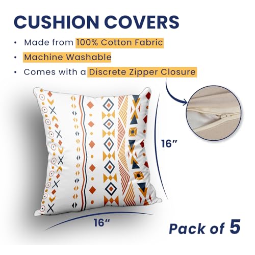 Image of Urban Space Decorative Cotton 250 TC Cushion Cover Set Of 5, 16 Inch X 16 Inch Cushion Covers For Sofa, Bedroom, Living Room (Cushion Cover 40Cm X 40Cm, Set Of 5, Liberty Blue)
