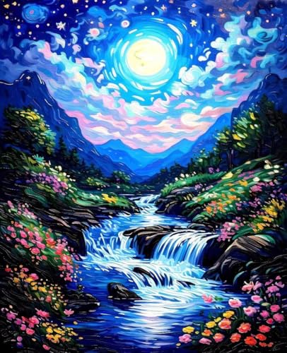 数字油絵 月 数字キットによる絵画 川 Paint by Numbers DIYペイント 大人の 初心者 子供用 簡単に塗れる アクリル水彩絵の具 手芸 画材 手工芸 キット 3つのペイントブラシと1つのセットのアクリル顔料を使用 ホーム オフィス装飾 G