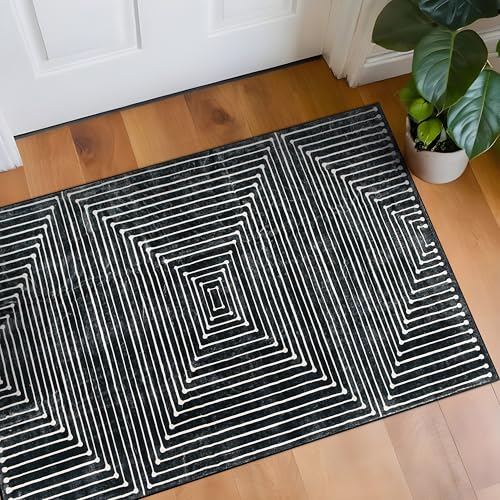 Rugshop Marbella Bohemian Stripes Washable Non Slip Area Rug 2' x 4' Black