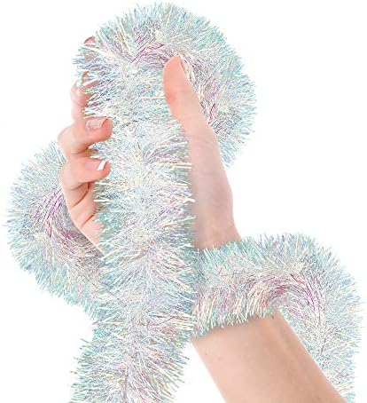 Christmas Tree Iridescent White Tinsel Garland Metallic Streamers Celebrate a Holiday Happy New Year Party Ceiling Hanging Decorations Indoor and Outdoor Disco Party Supplies