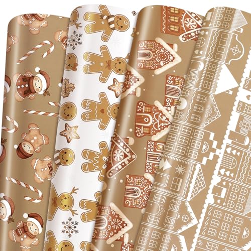 Watersay 12 Sheet Christmas Wrapping Paper Not Roll Vintage Funny Animal Gift Wrap Folded Flat for DIY Crafts Birthday Holiday Xmas Party Supplies 20 x 28 (Gingerbread Man Brown)