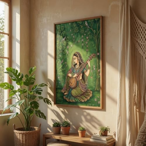 Image of Livin'luxe Indian Classical Musician Lady Wall Art with Wooden Frame | Traditional Folk HD UV Laminated Print on MDF | Vintage Cultural Painting for Living Room Bedroom Decor 13.5 x 19.5 Inch