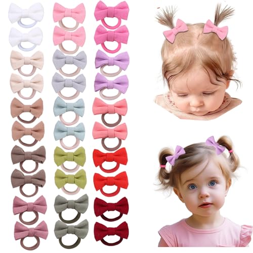 Image of 30PCS 2 Inch Baby Girls Hair Ties with Linen Bows,Soft Elastics Ponytail Holders Hair Accessories for Infants Toddlers Baby Girls (Dark color)