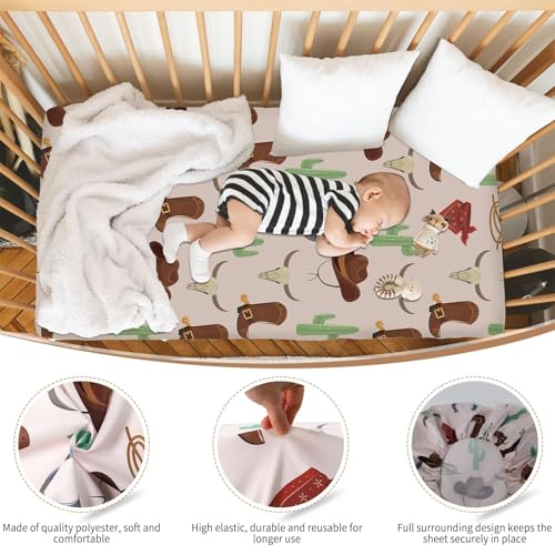 Image of 4 Pack Western Cowboy Crib Sheets Set - Fits Standard 52 inchx28 inchx8 inch Crib & Toddler Mattress, Soft Breathable Polyester Baby Nursery Bedding, Cowboy Cow Print Fitted Sheets for Boys