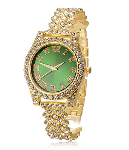 Image of Halukakah Diamonds Gold Watch Iced Out, Kid's 18K Real Gold /Platinum White Gold Plated 36MM Width Green /Blue /Red Dial Quartz Wristband 8 inch with Cuban Link Chain 7 inch+16 inch Bracelet, Free Giftbox
