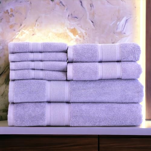 Luzia 8 Piece Bathroom Towel Set - 100% Turkish Cotton Premium Quality - 2 Bath Towels 2 Hand Towels and 4 Washcloths (Lavender/Purple)