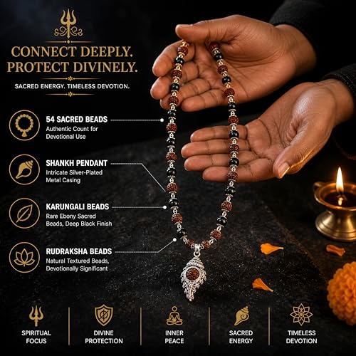 Image of Gratify Karungali Wood & Rudraksha Mala | 54+1 Natural Ebony Beads with Shankh Pendant | Silver-Capped Spiritual Mala for Prayer, Meditation & Positive Energy