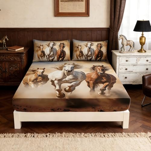 UEVBF Horse Bedding Western Fitted Sheets for Teens,Farm Animal Bedding Set for Kids Boys Girls Room Horse Decor,Desert Theme Bedding Sheets Twin Size Bed Set,1 Fitted Sheet+2 Pillowcases.
