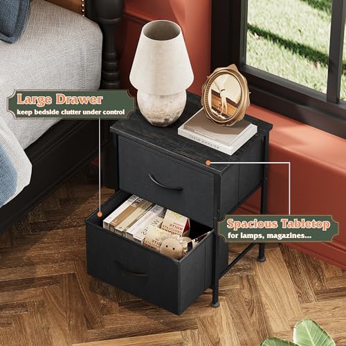 image for WLIVE Black Nightstand Set of 2, Night Stand with 2 Fabric Drawers, Sm