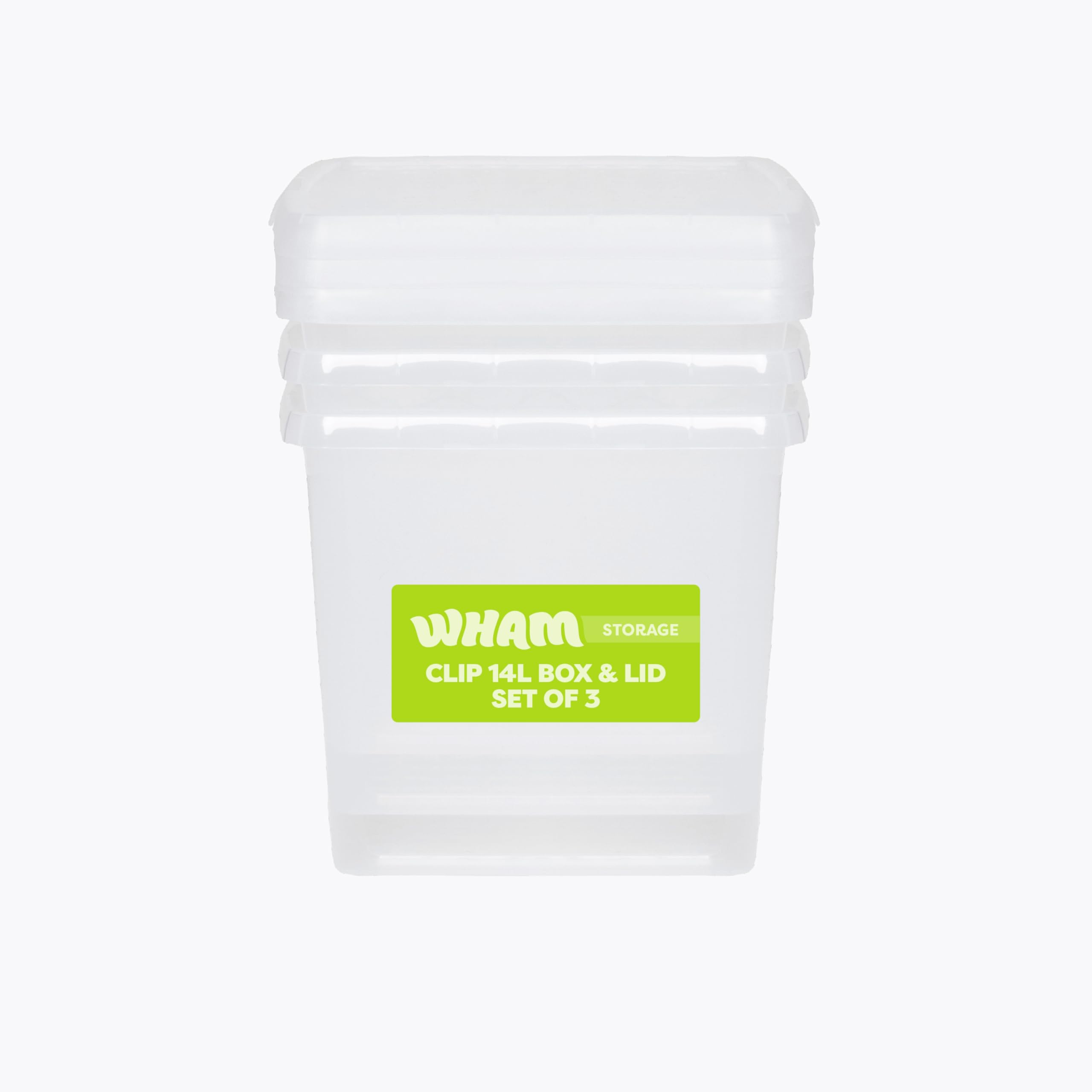 Wham Clip 3 x 14L Square Stackable Plastic Storage Boxes with Lids | Ideal for Home, Office, Toys & More | Storage Containers with Clip Locks | Made in UK - Clear/Clear