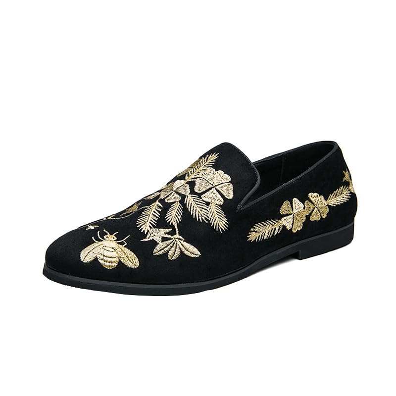 Santimon Men's Suede Leather Loafers with Gold Embroidered Floral Bee Pattern Dress Slip-On Wedding Shoes
