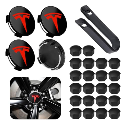 Powlamks 4 Pack Car Wheel Center Hub Cap Kit with 22 Lug Nut Covers 2.2 in (56mm) Wheel Rim Covers Center Hubcaps with Emblem for Model 3 Y Black & Red Gray & Silver Exterior Decoration for Tesla