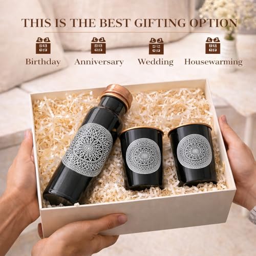 Image of JAIPUR ACE Black Copper Water Bottle with Glass Set 100% Pure Copper Mandala Design Leak Proof Anti Slip Ayurvedic Drinking Bottle Set for Home Office Kitchen Gifting Premium Copper Bottle Set