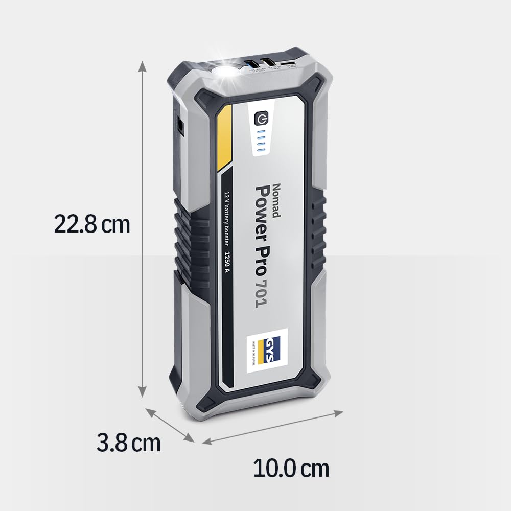 GYS, Nomad Power Pro 701, arrancador/Booster batería de Litio portátil 2000A, vehículos de 12 V (Motocicleta, Coche), Arranque Seguro, batería Externa de 6 Ah (PowerBank), lámpara LED, Pantalla LCD