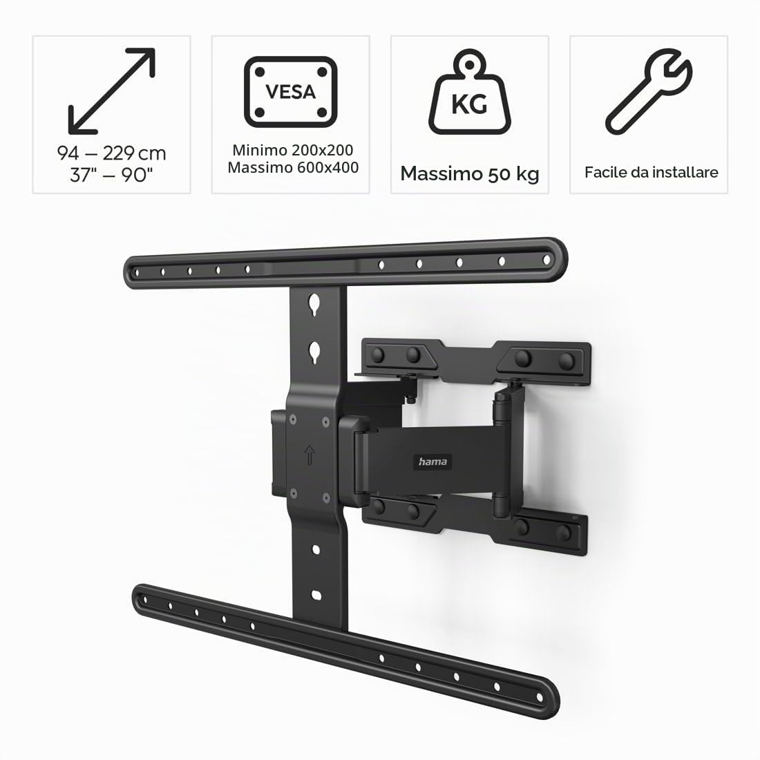 Hama FULLMOTION - Supporto da parete per TV ultra sottile, 600 x 400 cm, 229 cm, colore: Nero