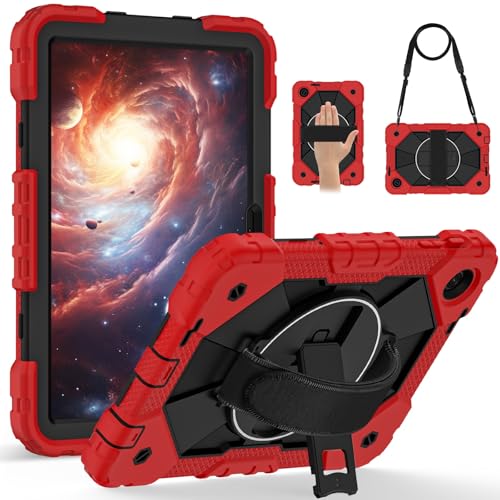 YOUDUOYOUB Funda para Tableta For T-Mobile Revvl Tab 2 2025 Released 10.1 Inch Shockproof Heavy Duty Case Hybrid Silicone PC Cover with 360° Rotating Stand,Anti-Scratch, Adjustable Shoulder(Rosso)