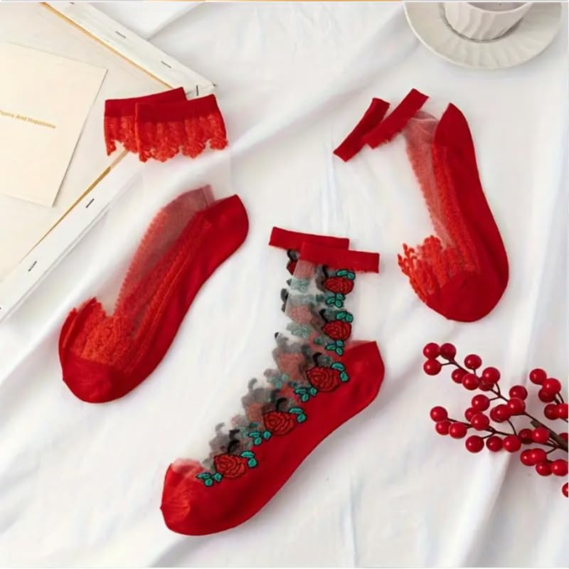 3 Pairs Red Rose Pattern Mid-Calf Socks For Women, Elegant, Comfortable And Romantic Lace Trim Design With Floral Embroidery, Romantic Accessories