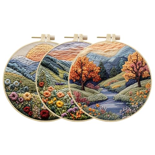 Image of EUBUY Landscape Embroidery Kits for Beginners, Embroidery Kits for Beginners Adults, Beginners Embroidery Starter Kit with Pattern, Needle Thread DIY Embroidery Material Kit
