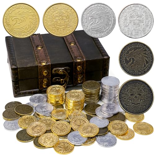Image of metal coins pirate treasure for dnd props gifts fantasy fake gold | Metal Pirate Coins Treasure Chest Pack of 100 Perfect for D&D and Other Board Games Props Treasure Fake Gold and Gifts