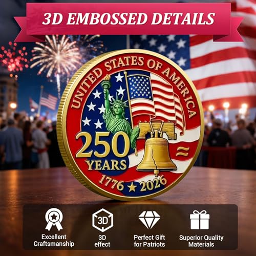 Image of USA 250th Anniversary Commemorative Coin 1776-2026 with Gift Box, America 250 Challenge Coin, 250th Anniversary USA Collectible, Patriotic Liberty Eagle Coin, America 250th Birthday Gift