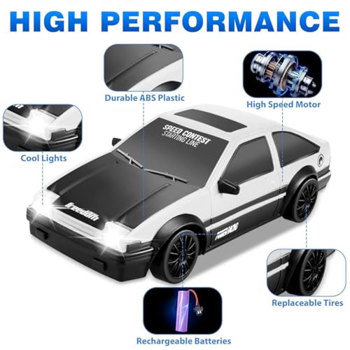 Image of Rc Drift Remote Control Car 1:24 Scale, High-Speed, 4Wd, Lights, Rechargeable Racing Car, Drifting Tires, 2.4Ghz, for Kids (RC Drift Car - White)