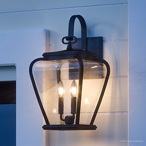 Urban Ambiance Luxury French Country Outdoor Wall Light, Large Size: 19" H X 9.5" W, With Mediterranean Style Elements, Soft And Simple Design, Inky Black Silk Finish And Seeded Glass, Uql1202 #TOP8