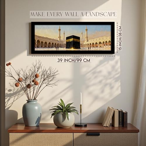 Image of PAINTINGMANTRA Makka Madina Kaaba Islamic Arabic Wall Art Framed Luxury Paintings for Home Decoration, Living room, Bedroom and Office Decoration (99x38 CM)