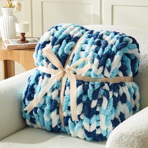 Image of Inhand Chunky Chenille Yarn for Hand Knitting, Thick Bulky Blanket Yarn for Crocheting, Soft Fluffy Yarn for Crochet Gifts & Crafts for Women /Beginners, 8 Pack (29.5 yds /8.4 oz Each), Blue Variegated