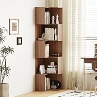 Tall Corner Bookcase, 5-Tier Wood Corner Bookshelf, L-Shaped Storage Display Rack, 180cm Free Standing Corner Shelf for Living Room Bedroom Home Office, Walnut