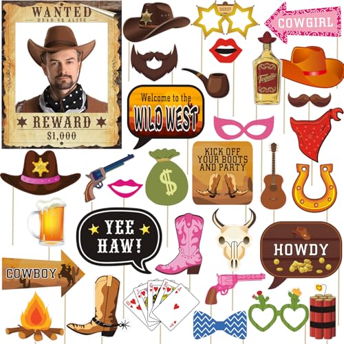 33pcs Western Cowboy Cowgirl Photo Booth Props, Wild West Themed Party Decoration, Texas Theme Props with Wanted Sign for Country Party, Cowgirl Bachelorette Party, Rustic Party, Cowboy Party Supplies