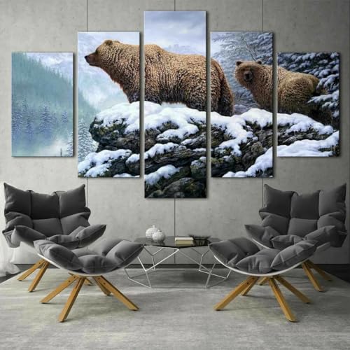 Tableau decoration murale salon 5 parties deux ours montagnes 200x100