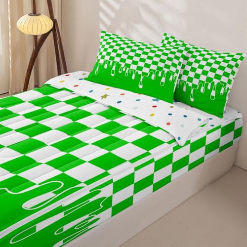 Image of Bright Green Checkered Zipper Bedding for Full - 4 Piece Zip Up Comforter Set with Fitted Sheet & 2 Pillowcases,Breathable Checkerboard Drip Y2K Aesthetic Geometric Bed in a Bag,All Season Lightweight