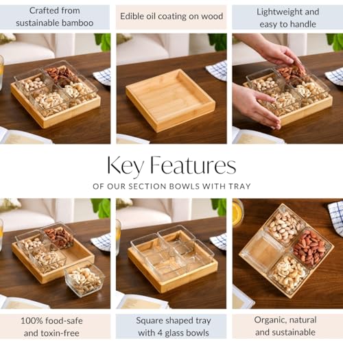 Image of Nestasia Set of 4 Square Glass Bowls (250 ml Each) with Wooden Tray | Transparent Katori for Ice Cream & Dessert, Snacks & Dry Fruits Serving Set for Dining Table, Home & Kitchen - Perfect for Gifting