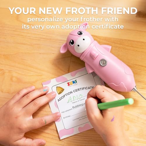Image of Zulay Kitchen Cow Milk Frother Wand - Cutesy Frother, Meet Your New Frothing Buddy Bubblegum The Cow, Adoption Papers and Stickers Included, Purrr-fect for Lattes, Cappuccino & Matcha - Pink
