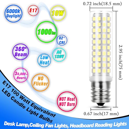 Heifymi E17 LED Light Bulb 10 Watt Equivalent 100W 6000K Daylight White 1000lm 120V E17 Intermediate Base LED Bulb for Desk Lamp,Ceiling Fan Lights, Headboard Reading Lights, Non-Dimmable, 3 Pack