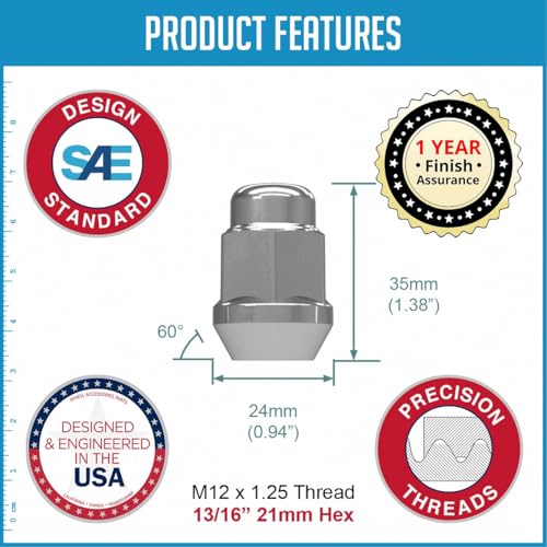 Image of Wheel Accessories Parts 20 Pcs M12x1.25 12x1.25 Thread Bulge Acorn 1.38 inch 35mm Long Lug Nuts Chrome 13 /16 inch 21mm Hex Fits Most Nissan Pass Cars with Aftermarket Wheels