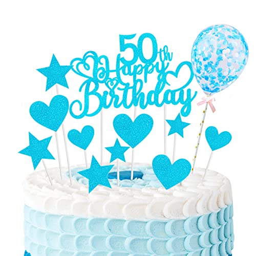 Decoración para Tartas de 50º Cumpleaños, Azul Cake Topper Decoración 50º Cumpleaños con Estrella y Corazón Brillante Adornos de Torta para la Fiesta de Cumpleaños de Niños y Niñas 50º Cumpleaños Cover