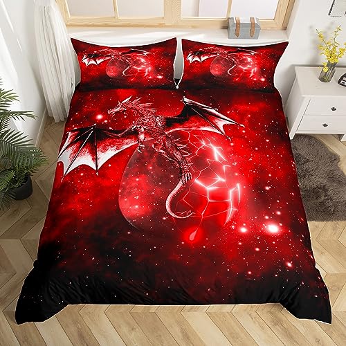 Loussiesd Galaxy Dragon Duvet Cover Kids Chic Outer Space Starry Sky Bedding Set Jungle Animals Dragon Bedding & Linen for Boys Children Teens Red Black Bedspread Cover Double Size
