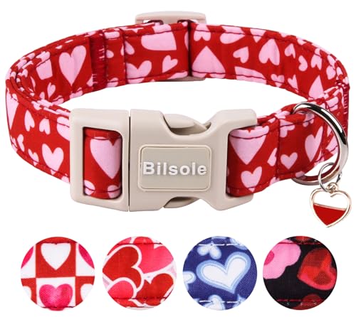 Bilsole Valentines Day Heart Dog Collar for Boys Girls - Adjustable Cotton Dog Collar for Small Medium Large Male Female Dogs M