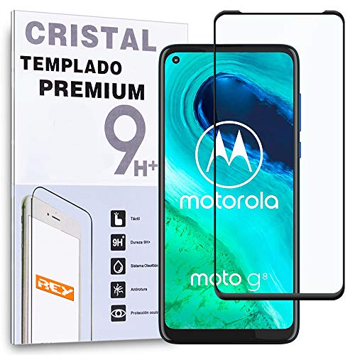REY Protector de Pantalla Curvo para Motorola Moto G8, Negro, Cristal Vidrio Templado Premium, 3D / 4D / 5D