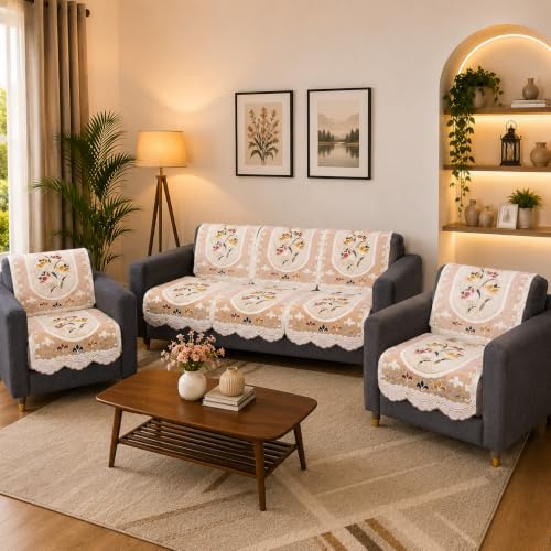 Image of STITCHNEST Florenza Orange 10 Piece Cotton Net Sofa Slip Cover |5 Seater