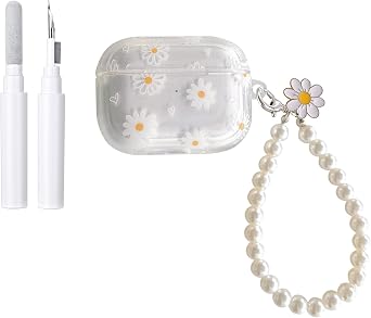 Compatible for AirPods 4 Case Soft TPU with Cleaner Kit Cute Little Daisy Flowers Design Shockproof Pearl Keychain Cover for Girls Woman for Airpods 4-White